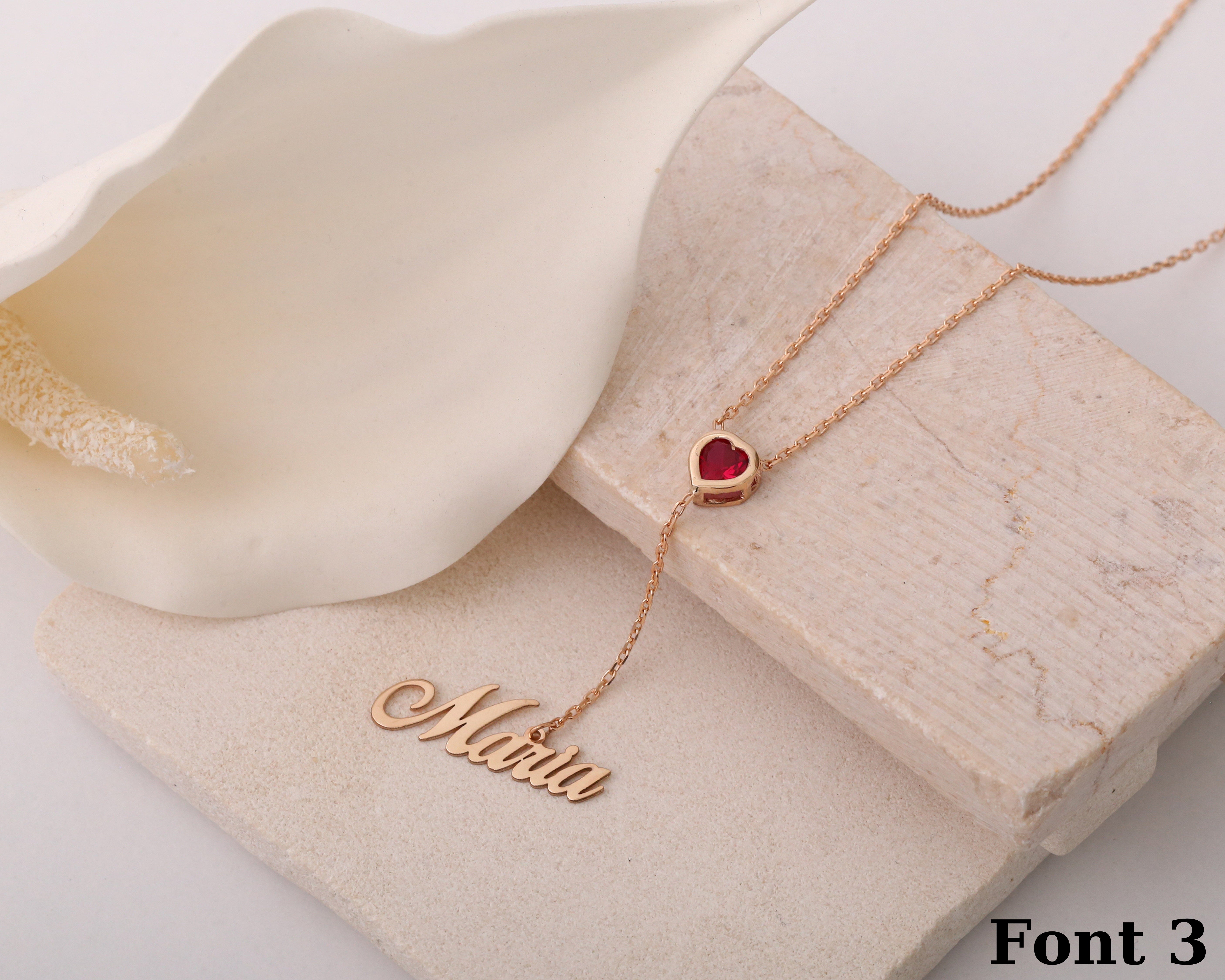 Heart Birthstone Necklace with Name Charm