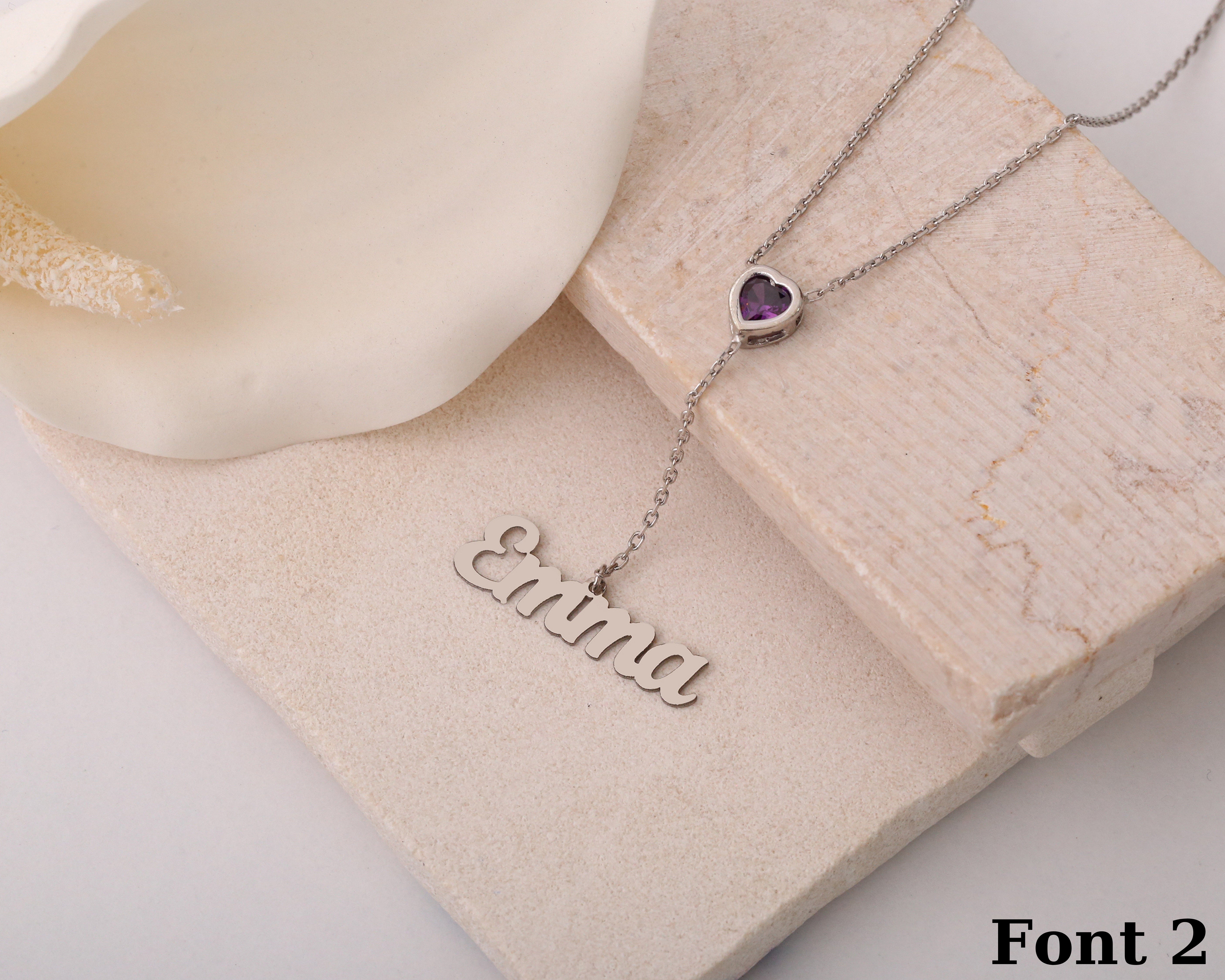 Heart Birthstone Necklace with Name Charm