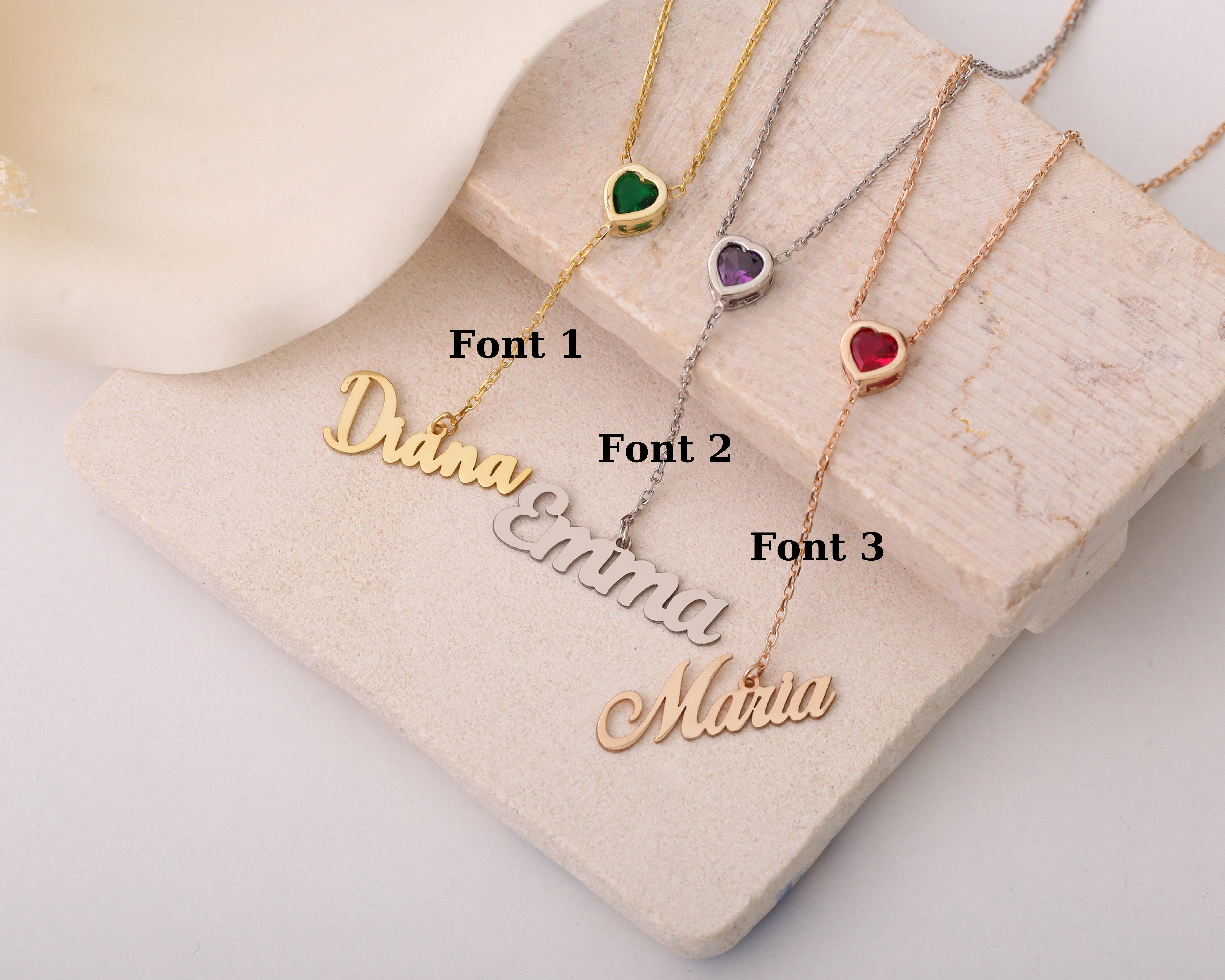 Heart Birthstone Necklace with Name Charm