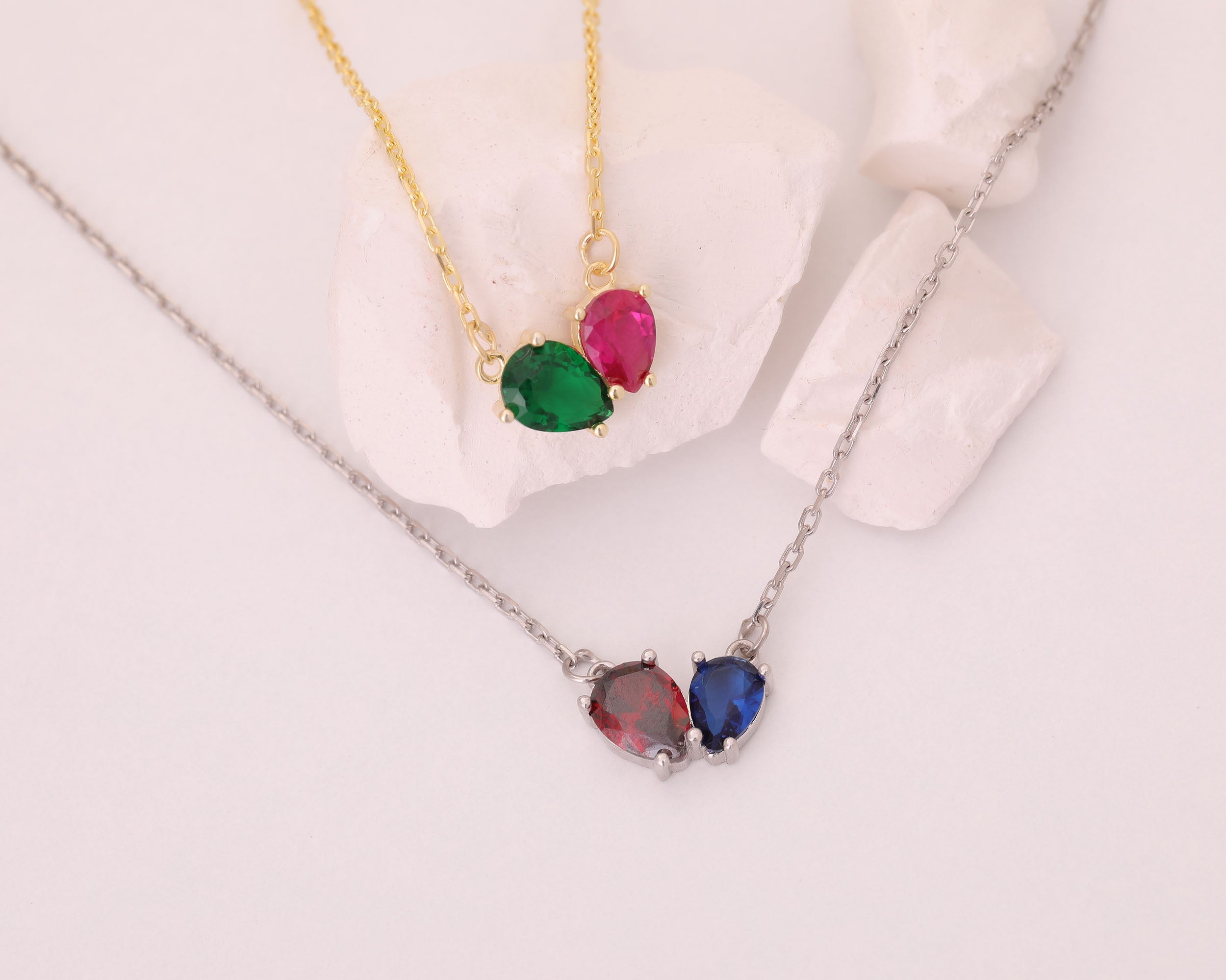 Custom Two Stone Pear Birthstone Necklace
