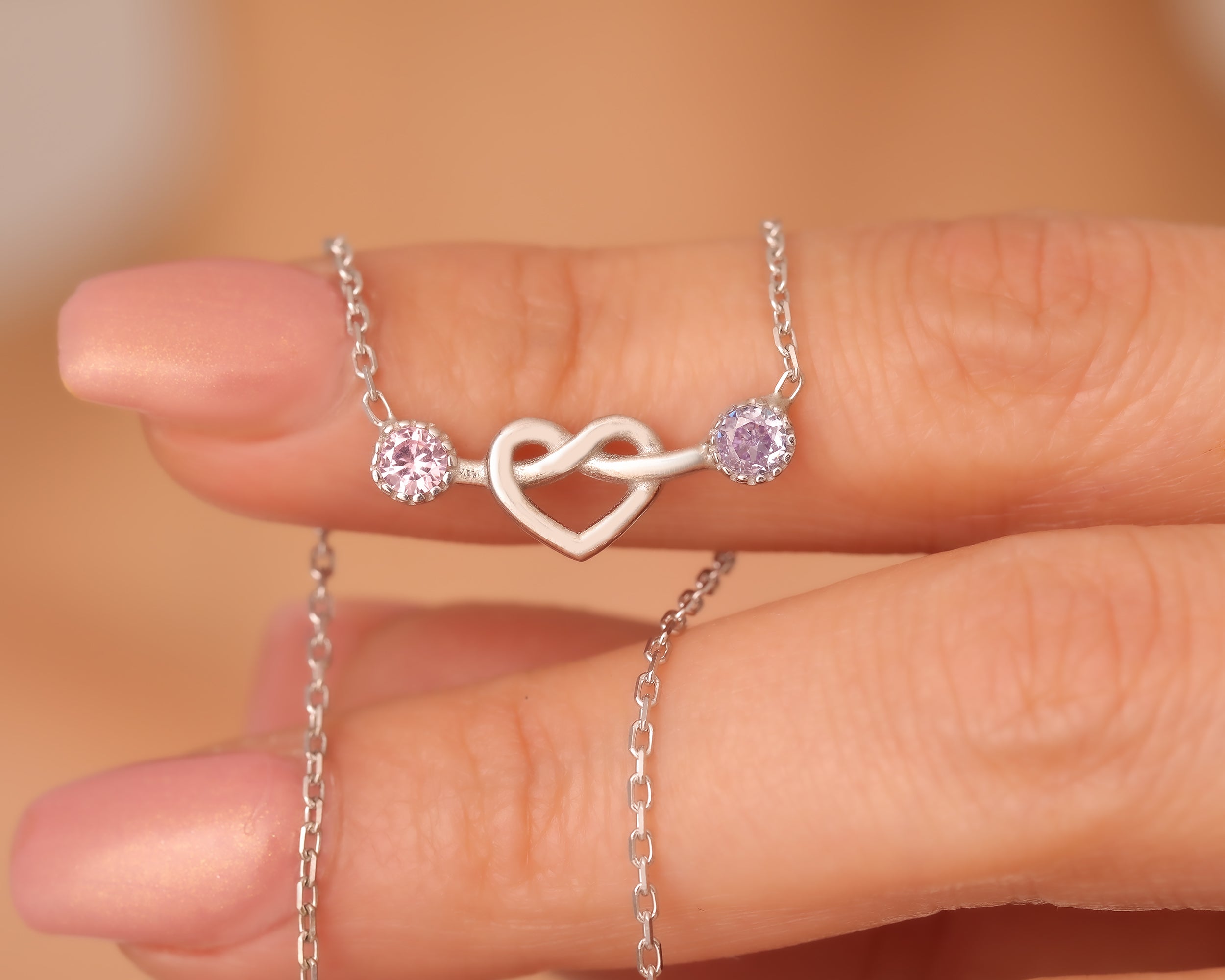 Two Stone Heart Knot Birthstone Necklace