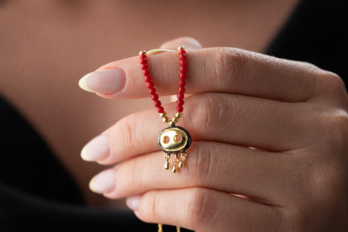 Red Beaded Necklace with Gold Fringe Charm