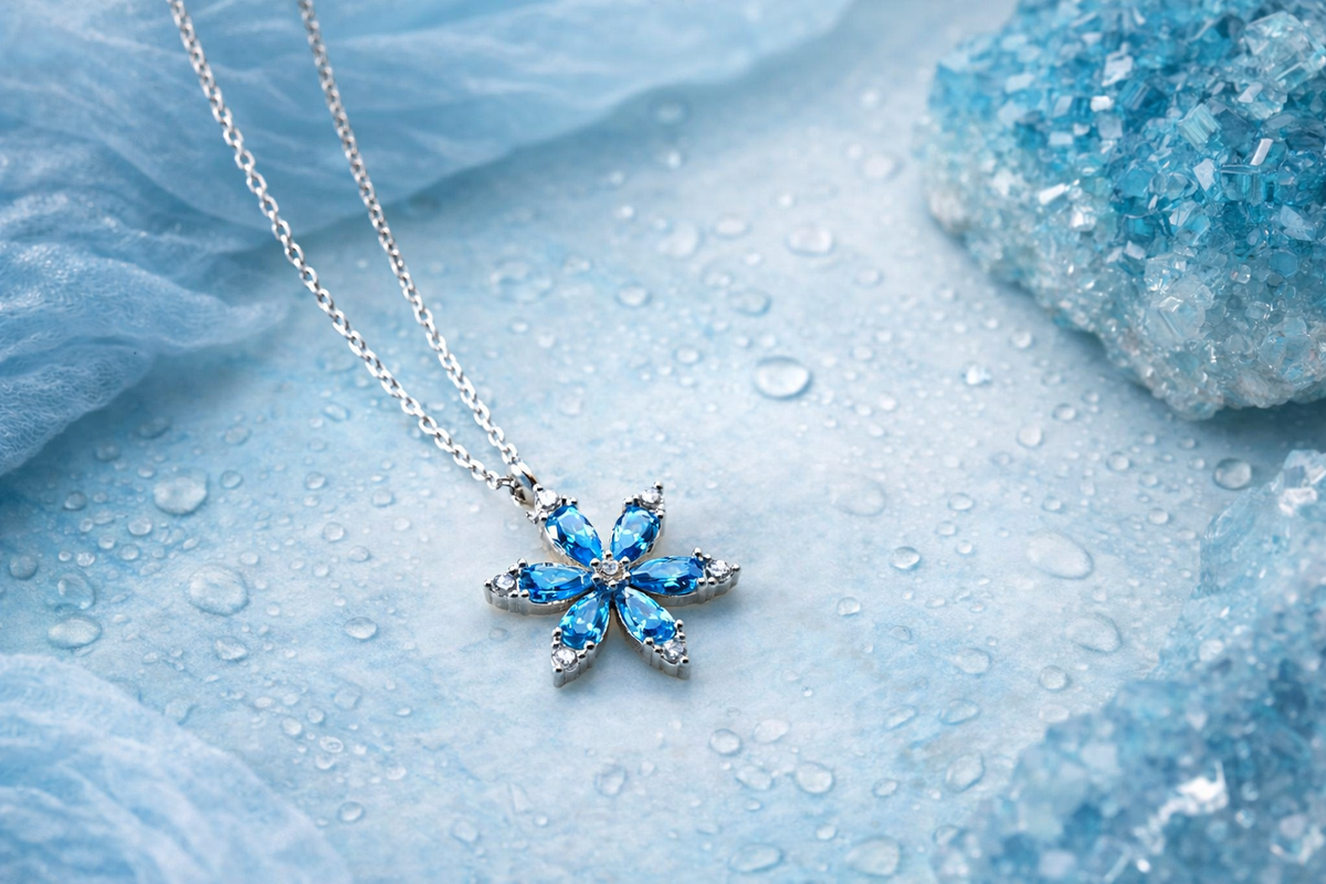 Blue Topaz Flower Pendant Necklace