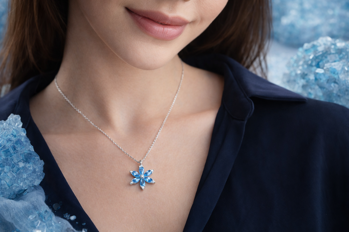 Blue Topaz Flower Pendant Necklace