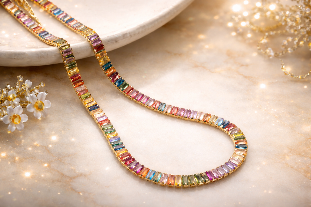 Rainbow Baguette Tennis Necklace in Gold