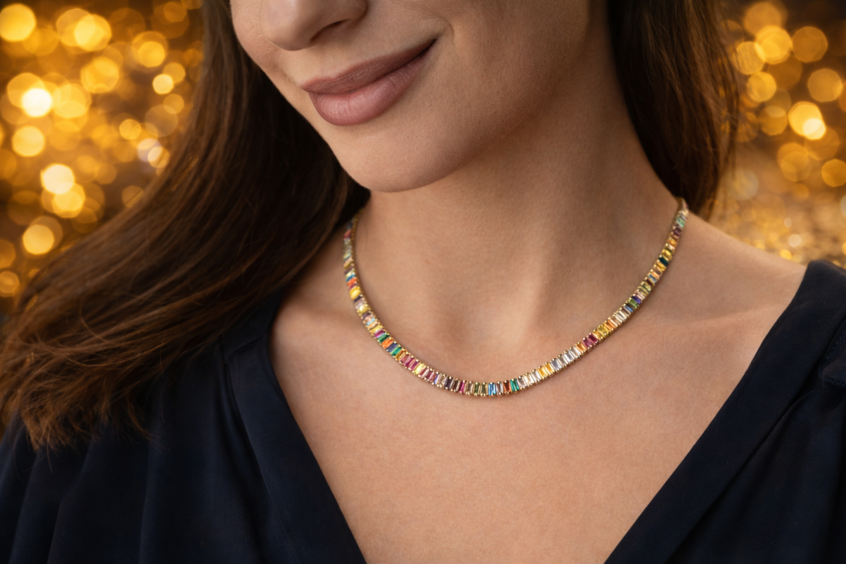 Rainbow Baguette Tennis Necklace in Gold