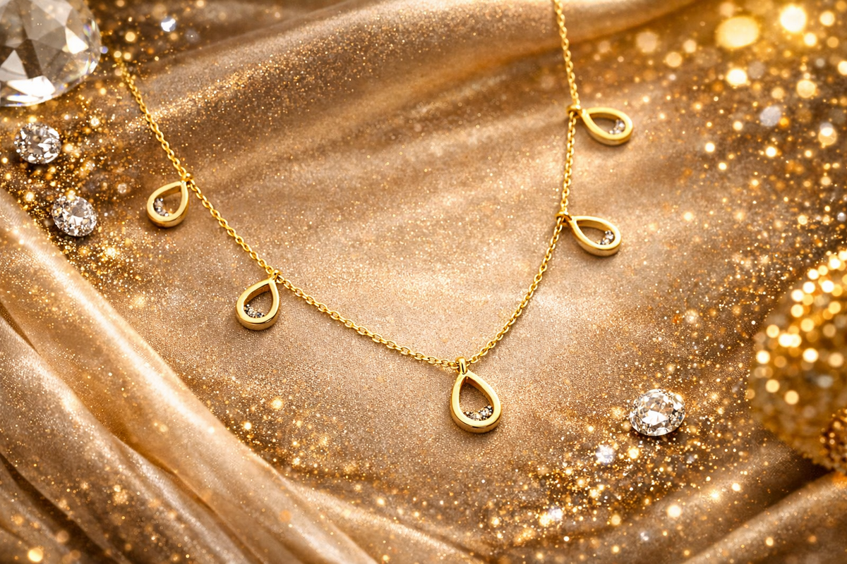 Gold Teardrop Charm Station Necklace