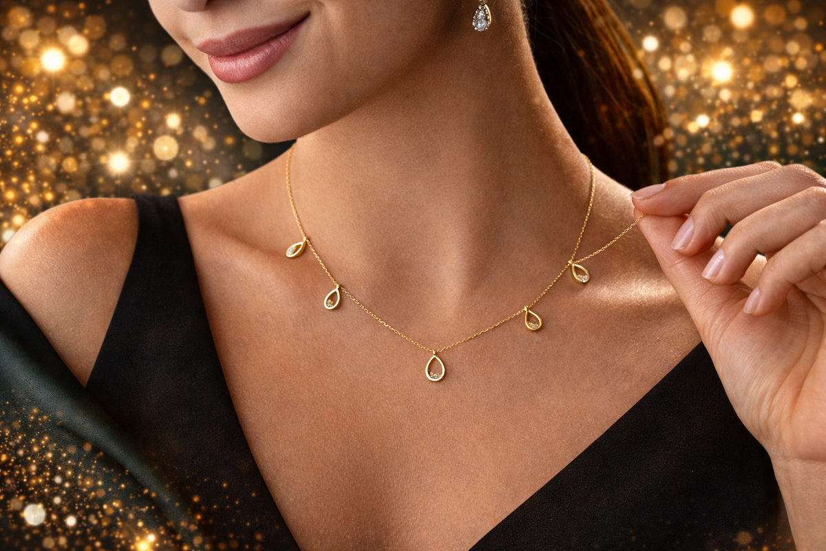 Gold Teardrop Charm Station Necklace