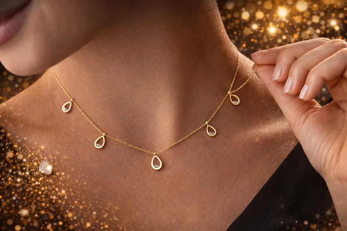 Gold Teardrop Charm Station Necklace