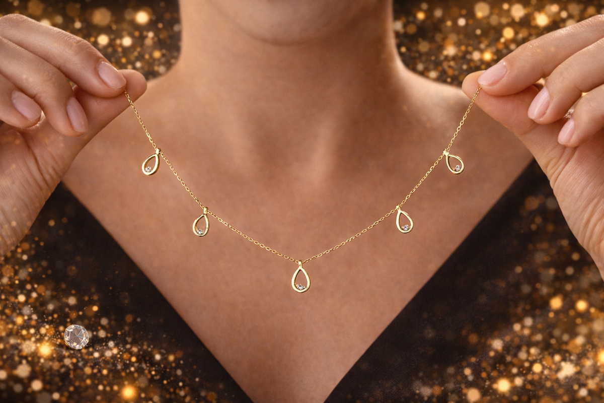 Gold Teardrop Charm Station Necklace