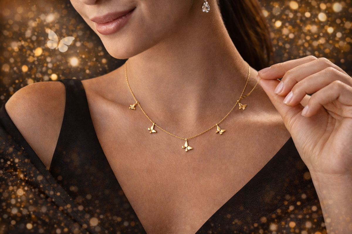 Butterfly Charm Station Necklace in Gold