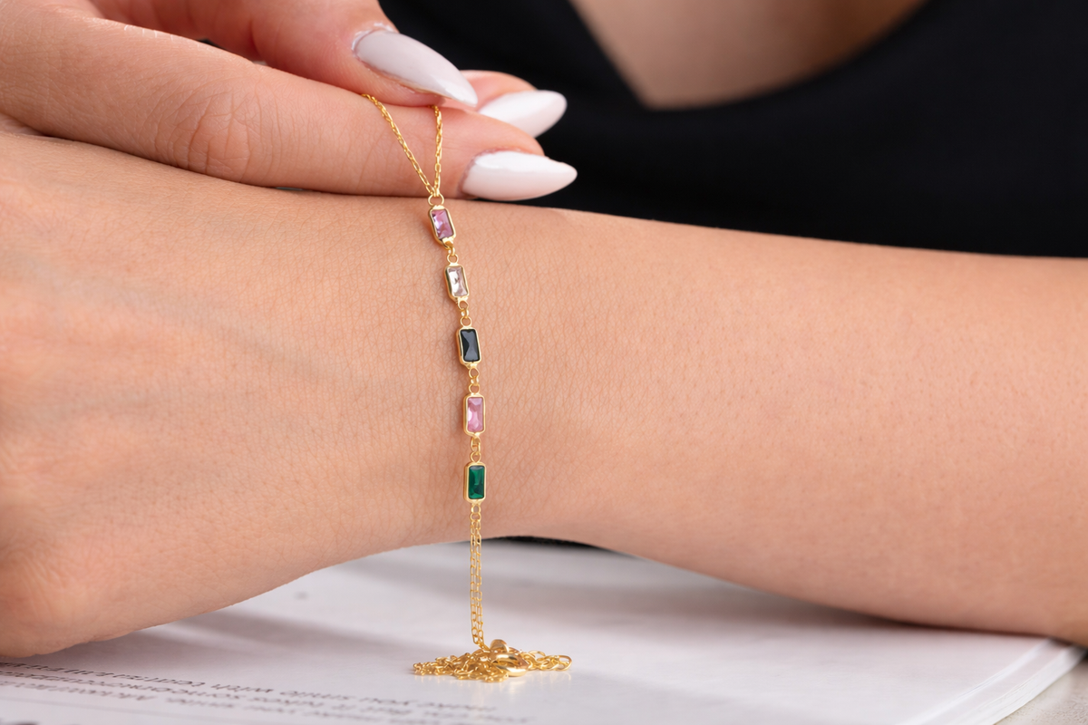 Multicolor Baguette Gemstone Hand Chain Bracelet