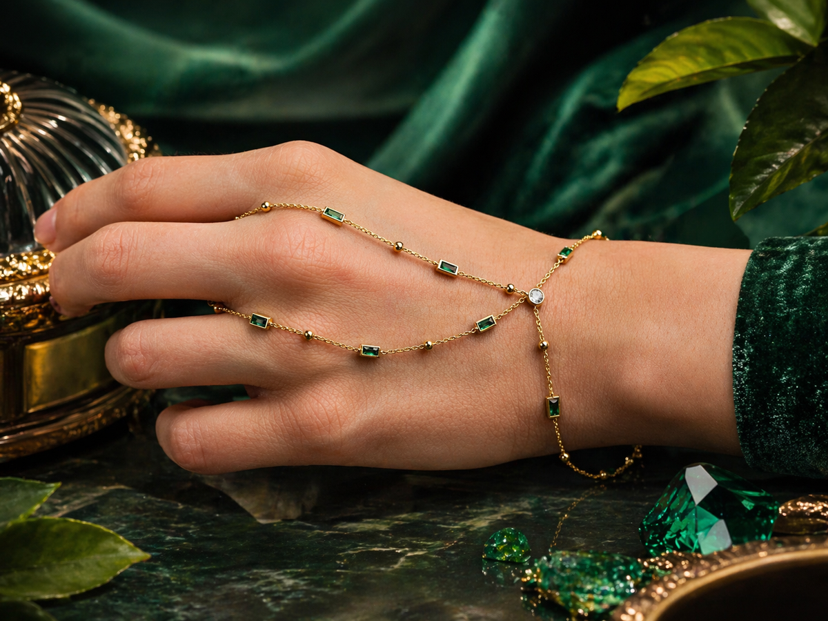 Emerald Baguette Hand Chain Bracelet