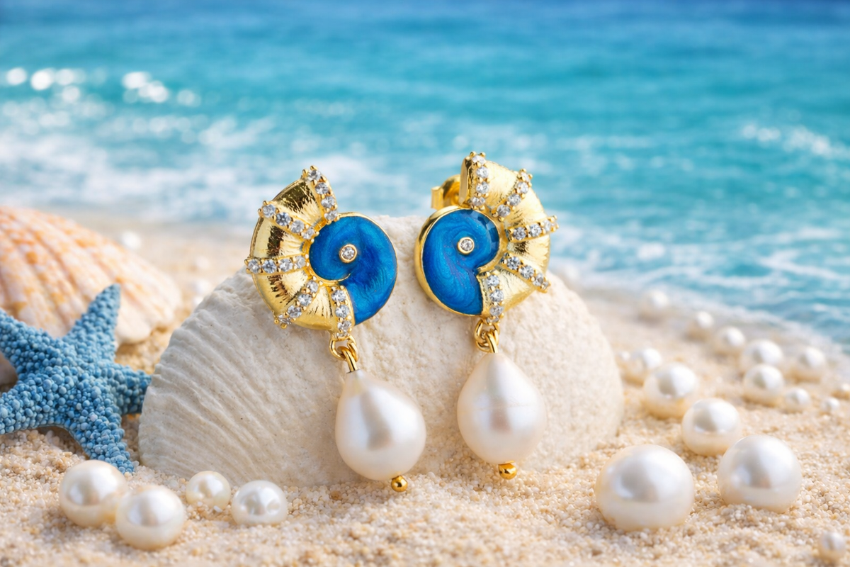 Nautilus Shell Pearl Drop Earrings