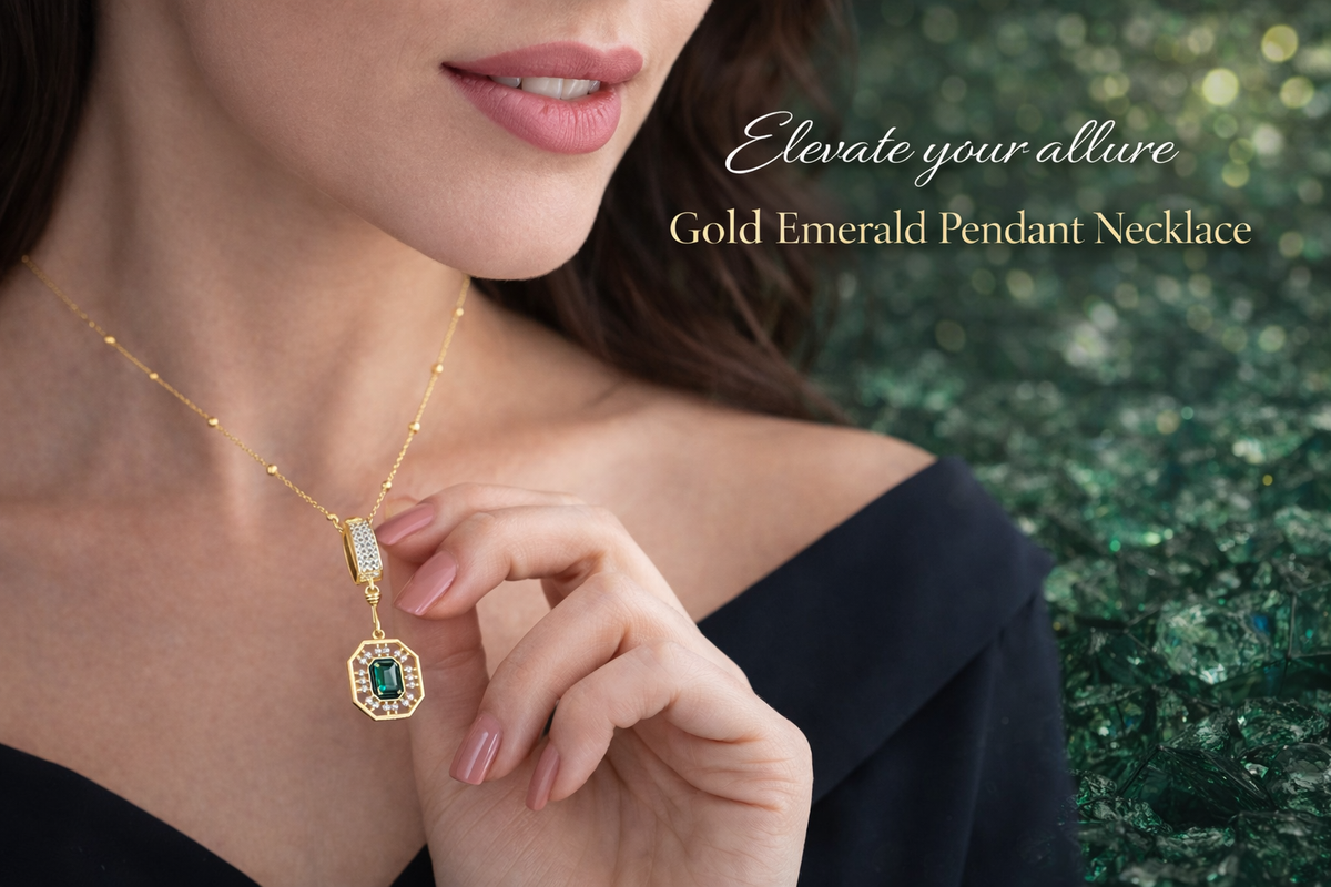 Gold Emerald Cut Halo Necklace