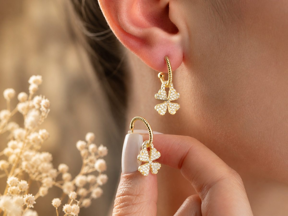 Pave Clover Drop Hoop Earrings