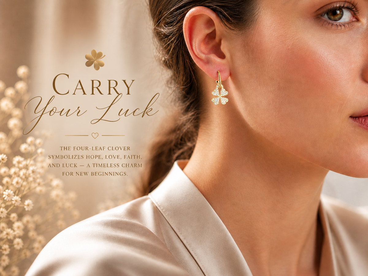 Pave Clover Drop Hoop Earrings