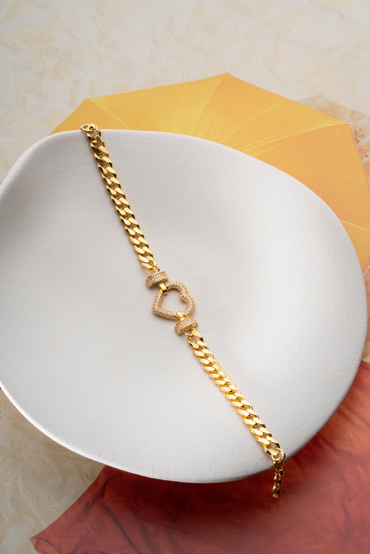 Pave Heart Cuban Chain Bracelet in Gold