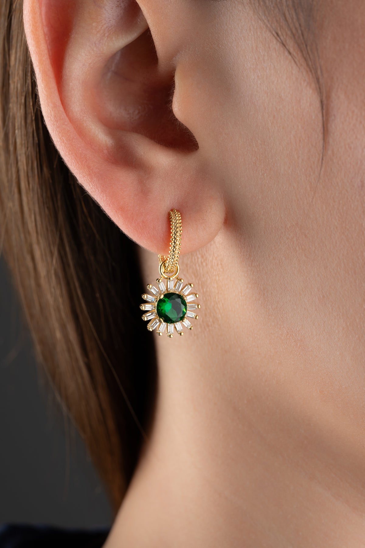 Round Emerald Sunburst Drop Earrings