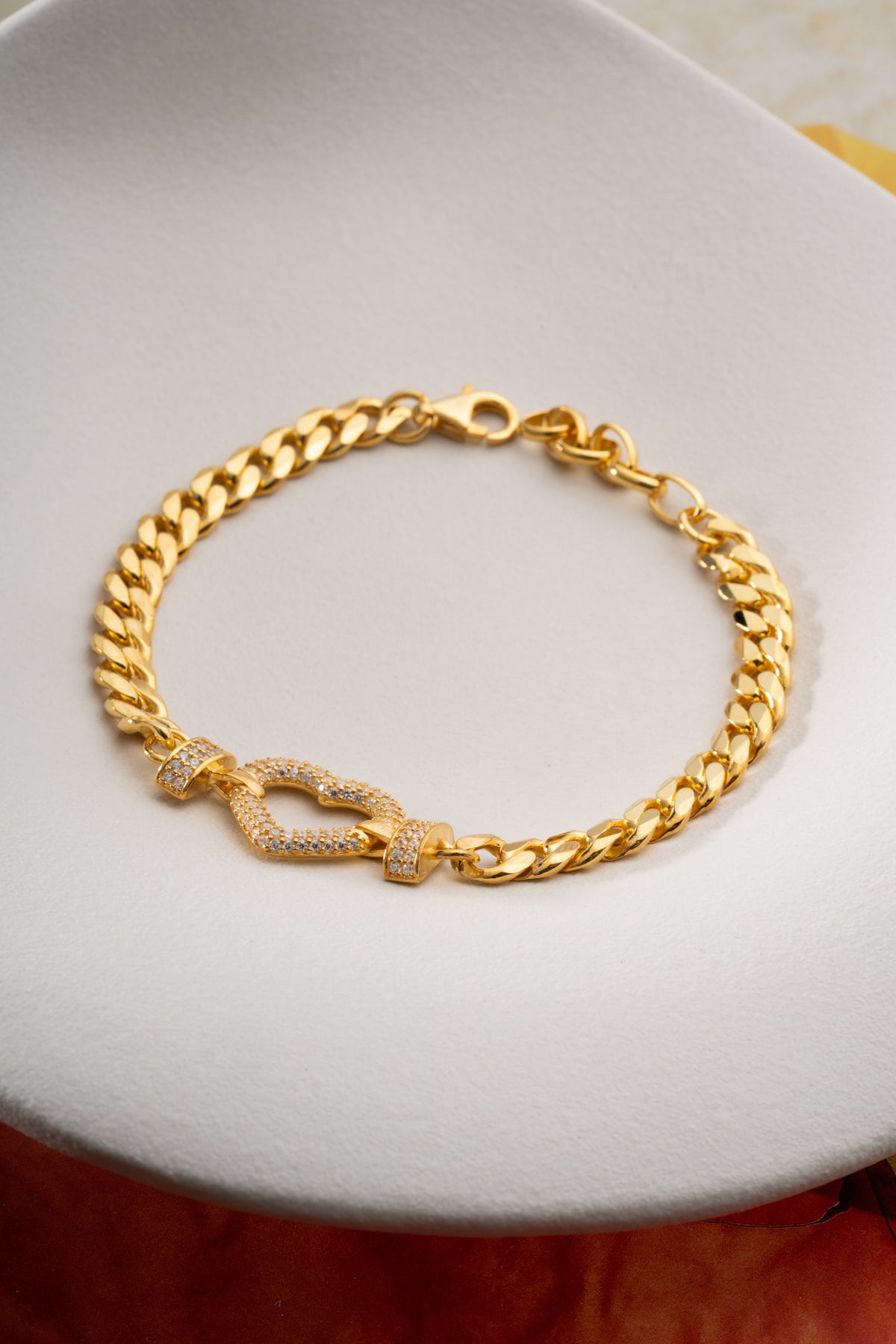 Pave Heart Cuban Chain Bracelet in Gold