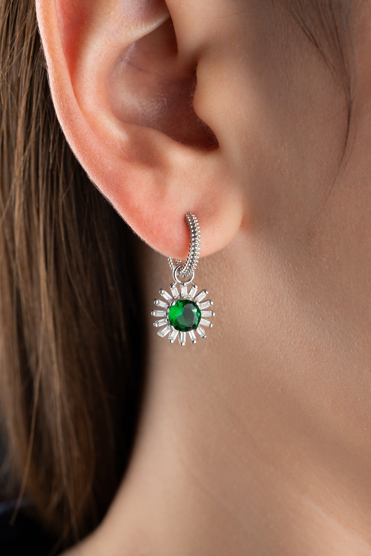 Round Emerald Sunburst Drop Earrings