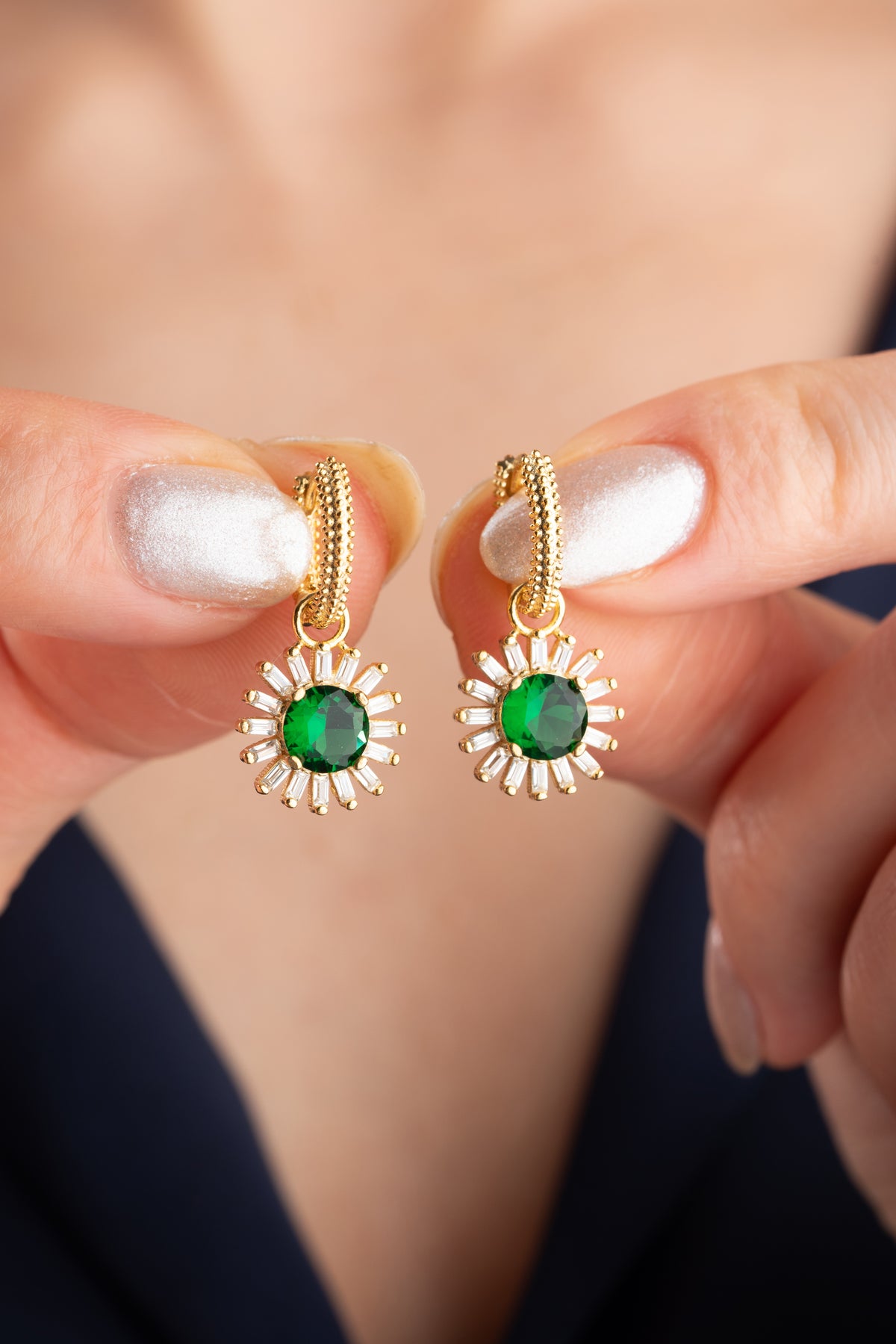 Round Emerald Sunburst Drop Earrings