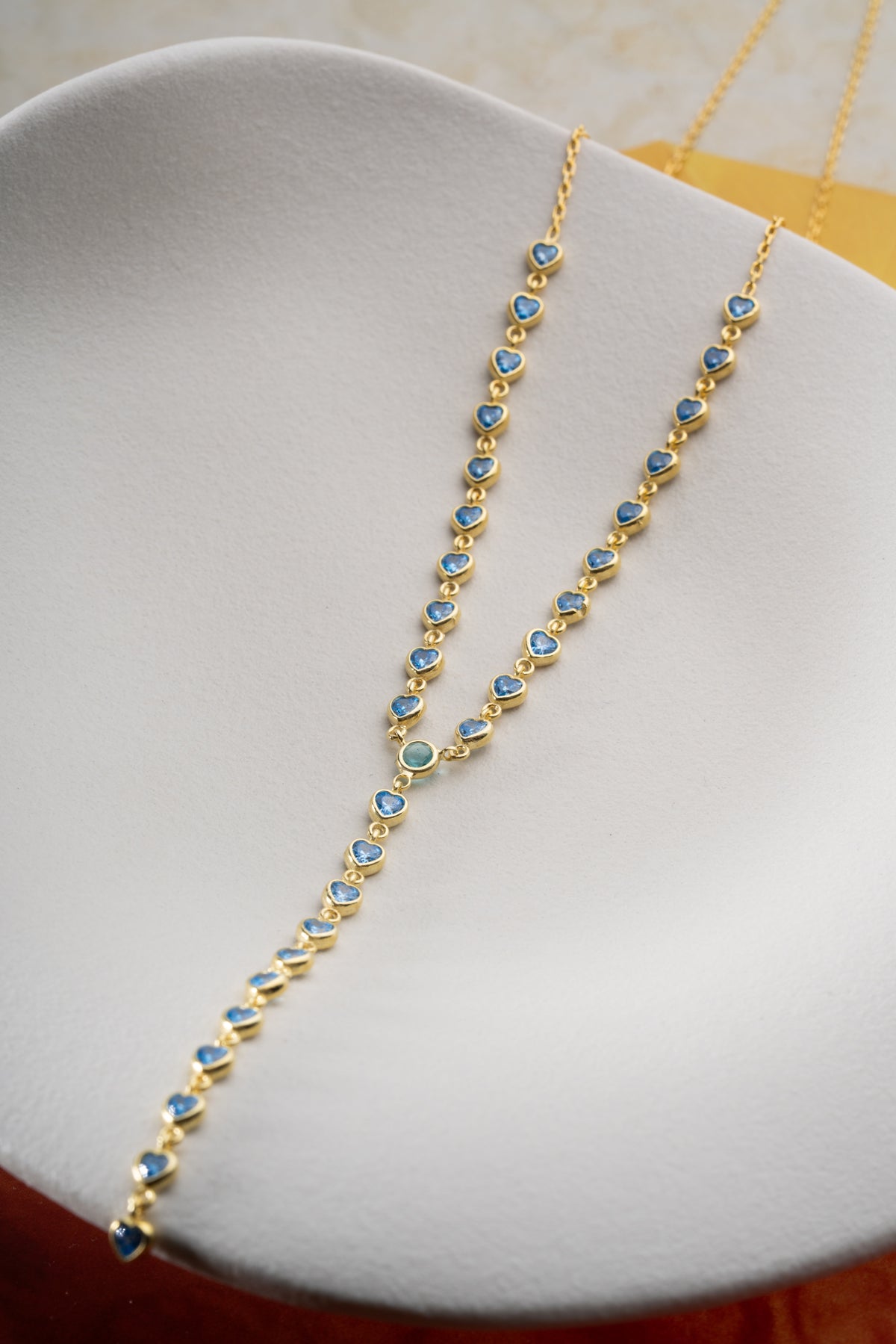 Blue Heart Crystal Lariat Necklace in Gold