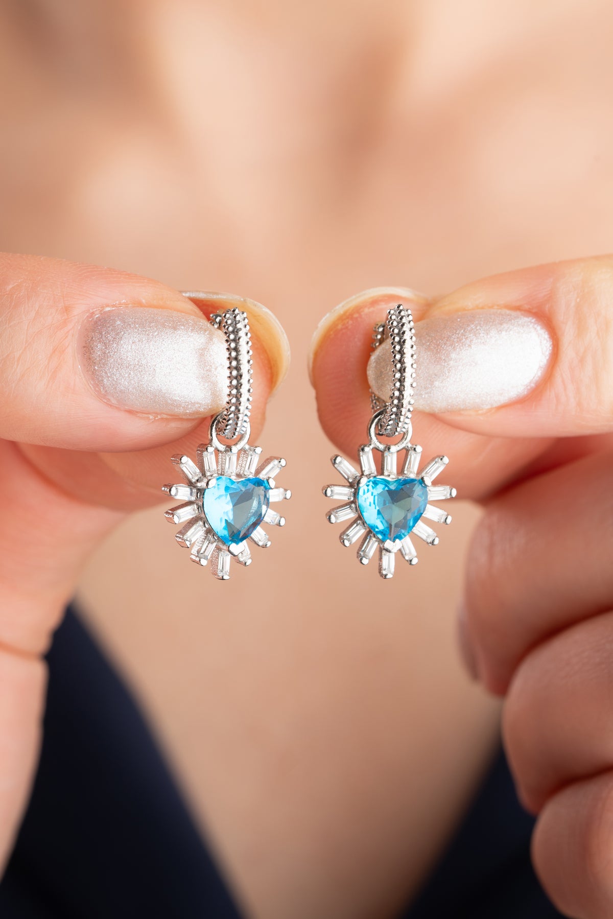 Aquamarine Heart Sunburst Drop Earrings