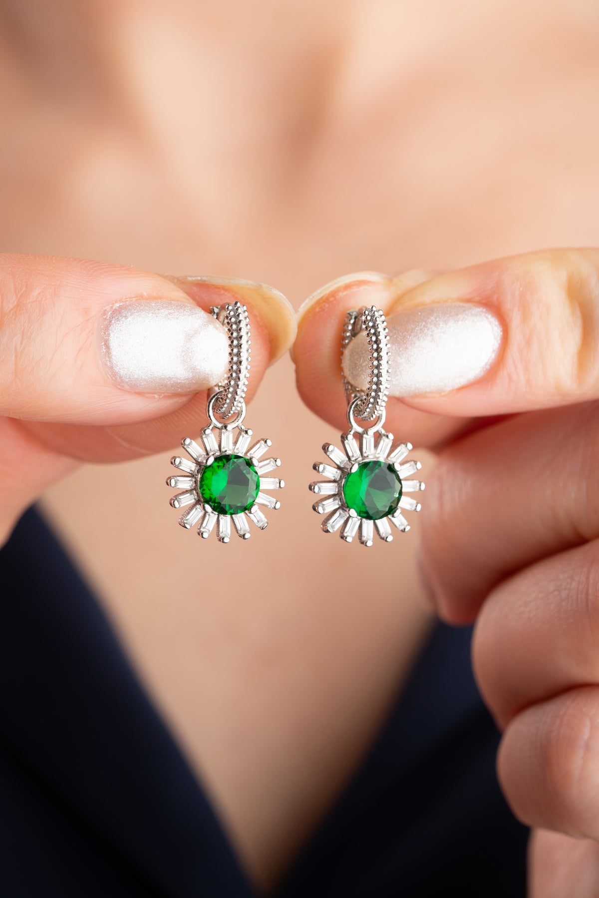 Round Emerald Sunburst Drop Earrings