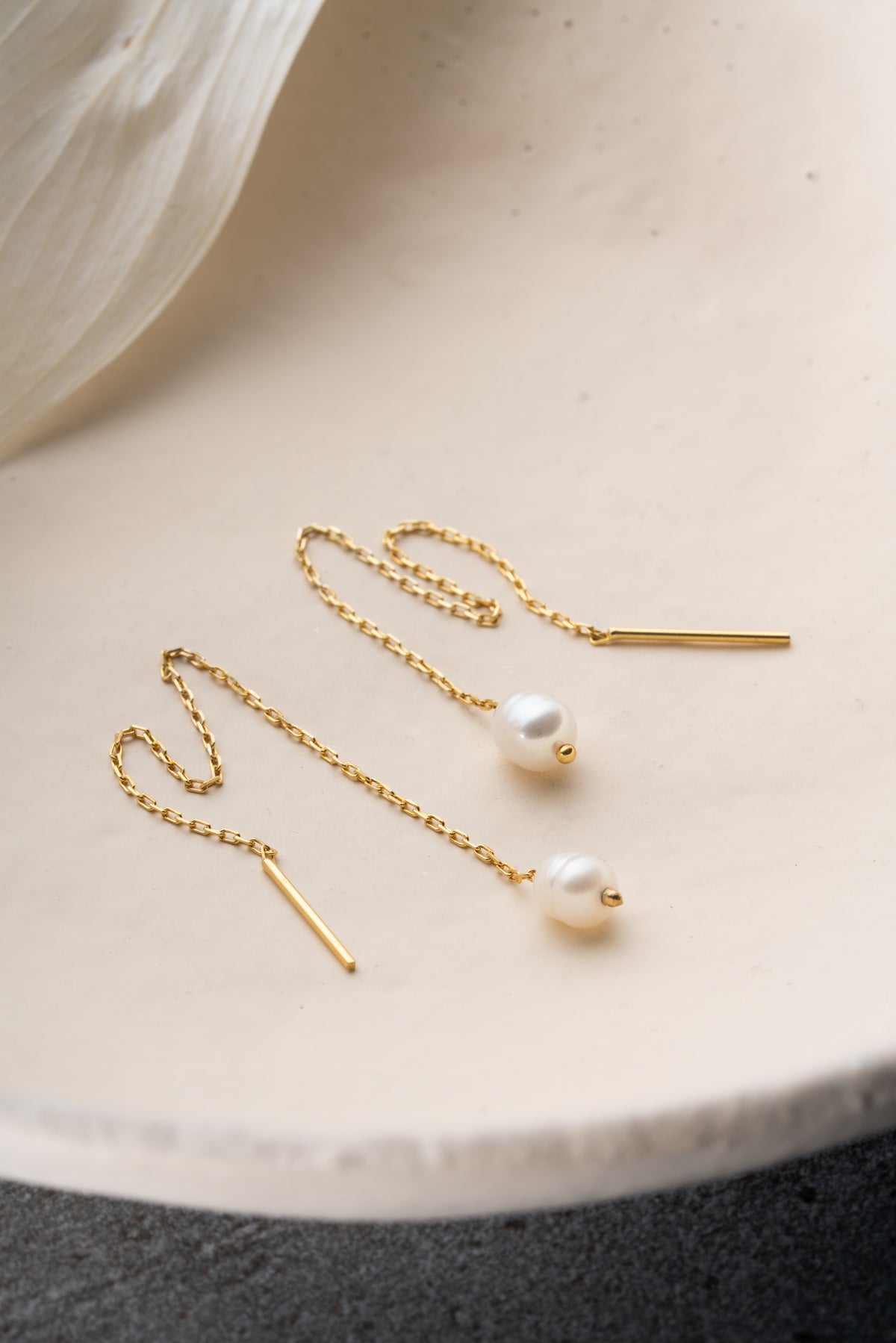 Pearl Drop Threader Earrings in Gold