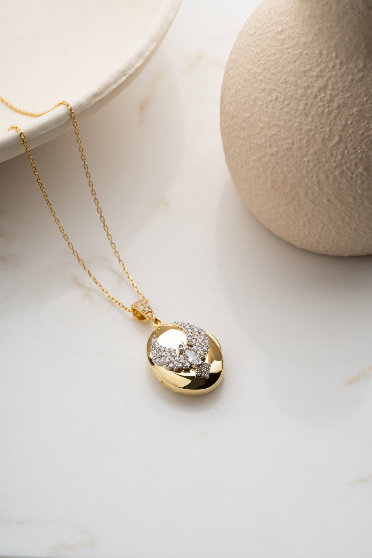 Phoenix Wings Oval Locket Necklace