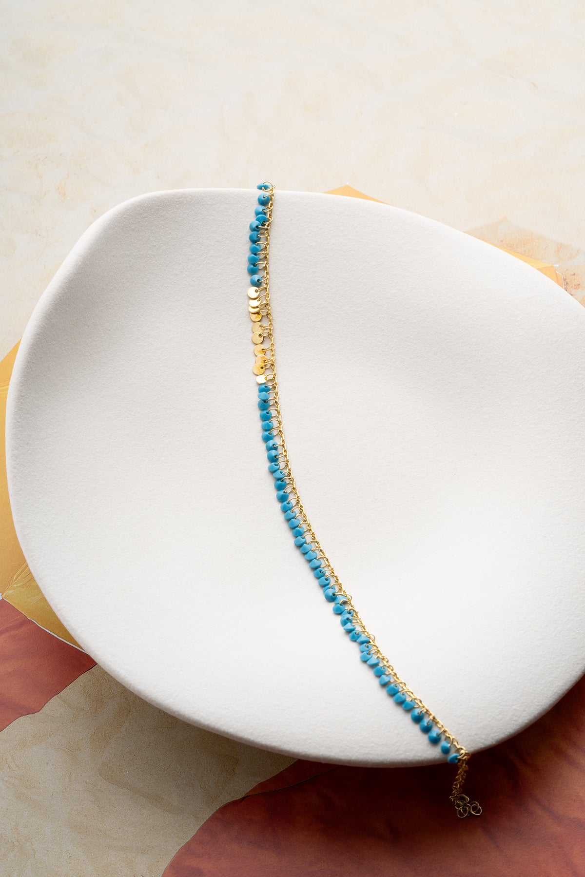 Turquoise Bead Fringe Anklet in Gold