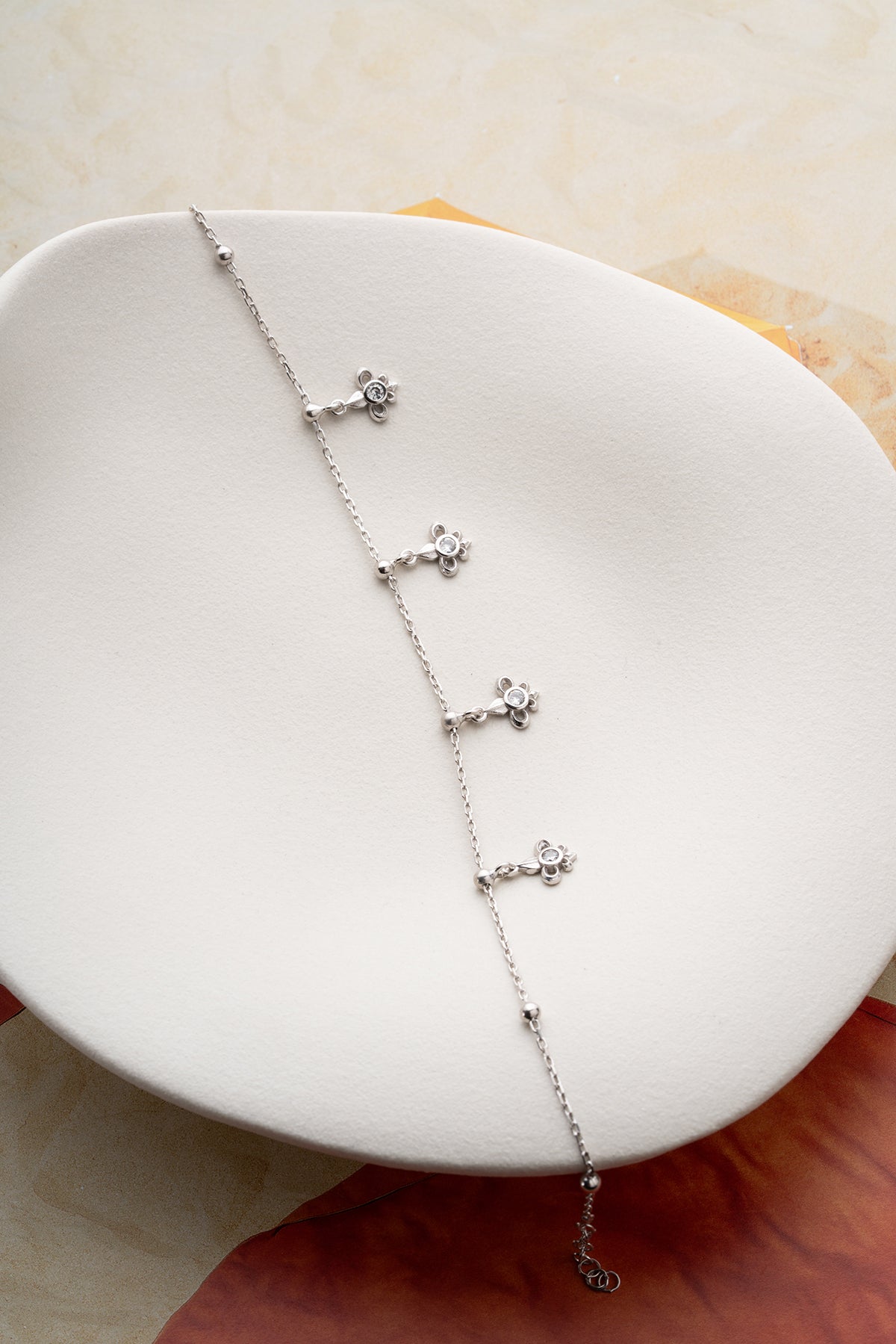 Crystal Flower Charm Anklet in Silver