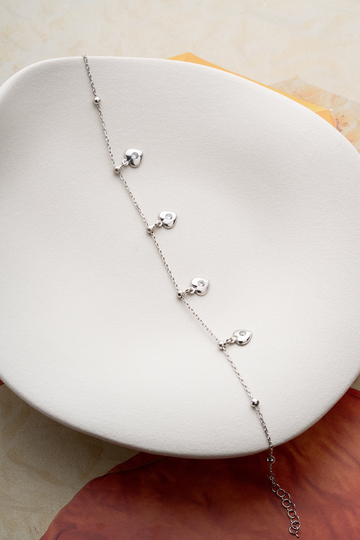 Crystal Heart Charm Anklet in Silver