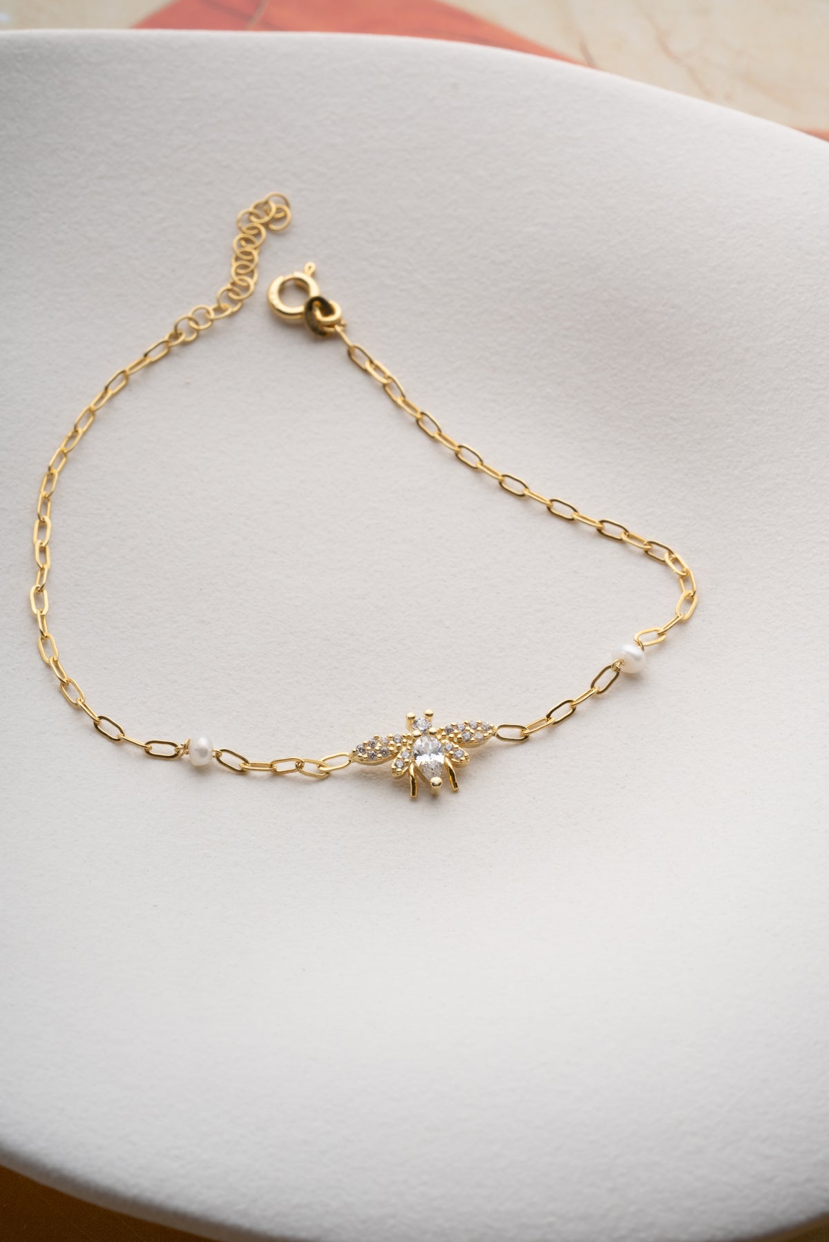 Pearl and Crystal Bee Charm Bracelet
