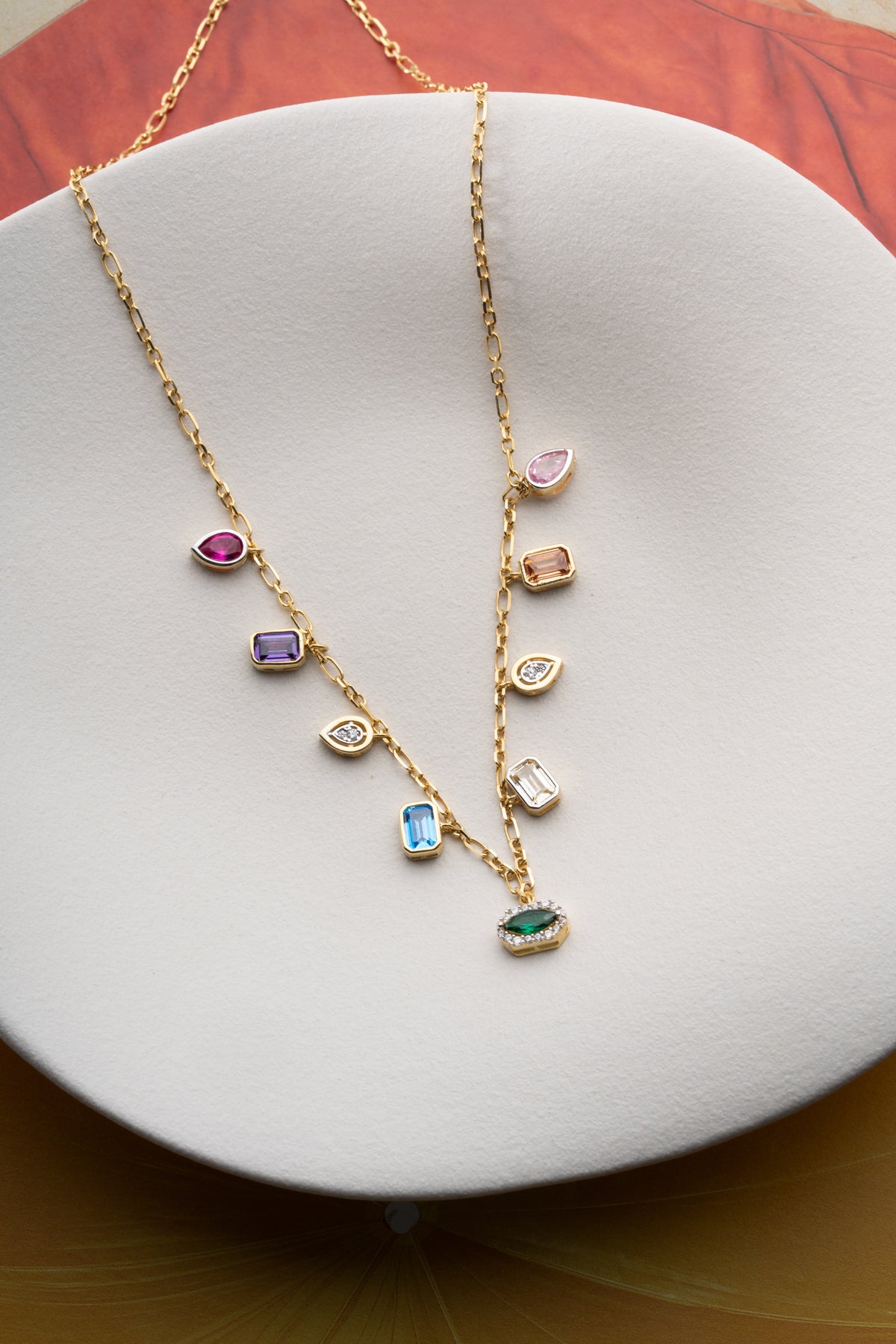 Rainbow Gemstone Charm Necklace in Gold