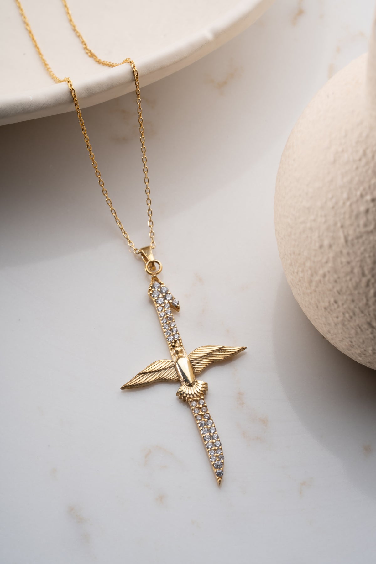 Winged Dagger Cross Necklace in Gold