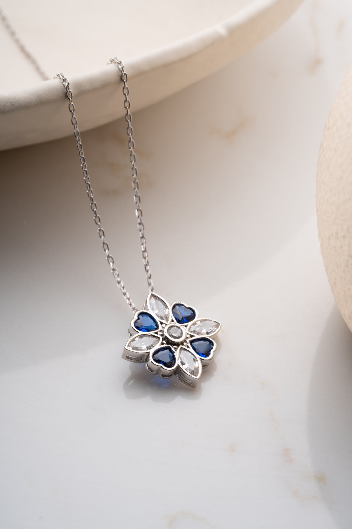 Blue Crystal Flower Pendant Necklace