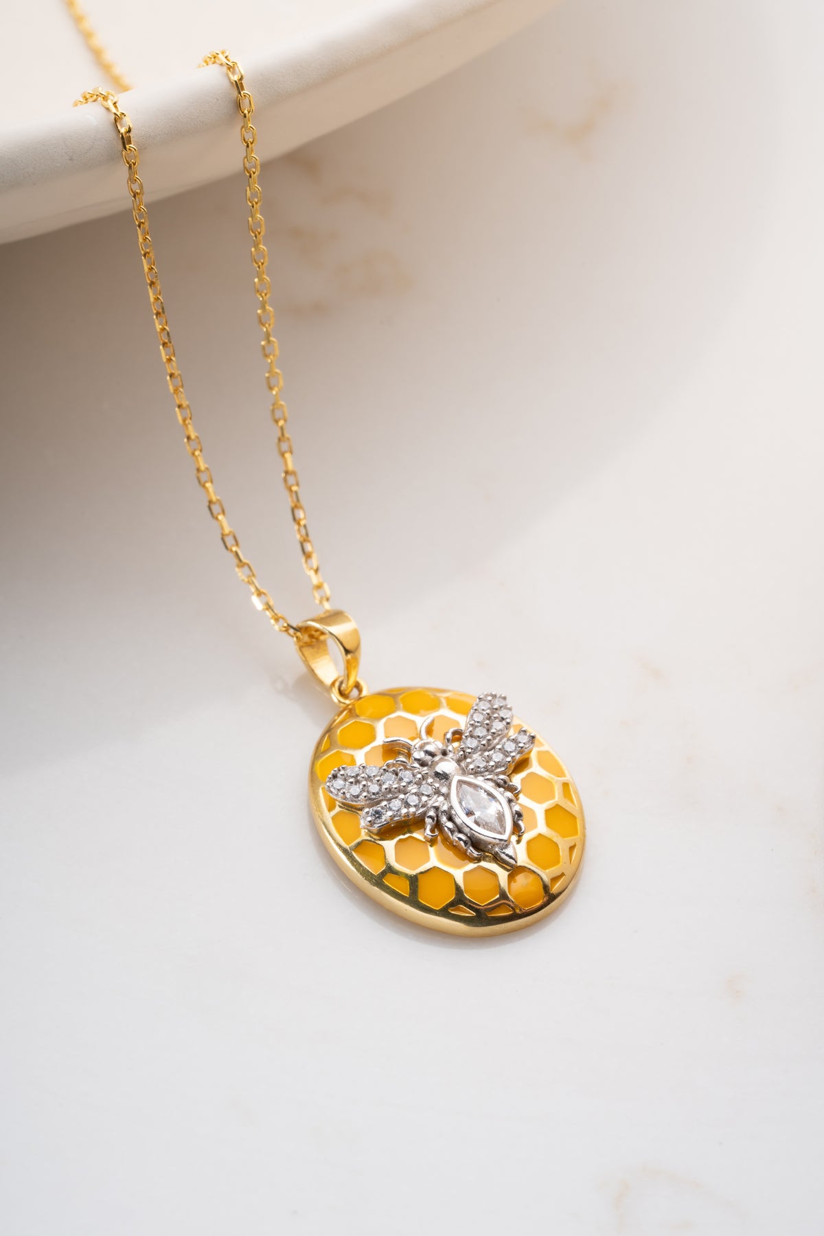 Gold Bee Honeycomb Pendant Necklace
