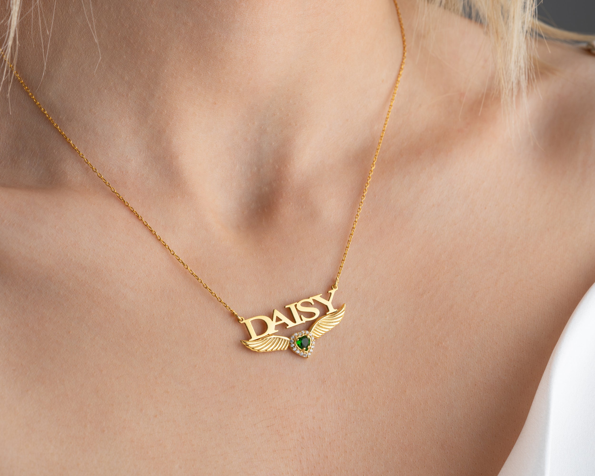 Angel Wing Name Necklace with Birthstone