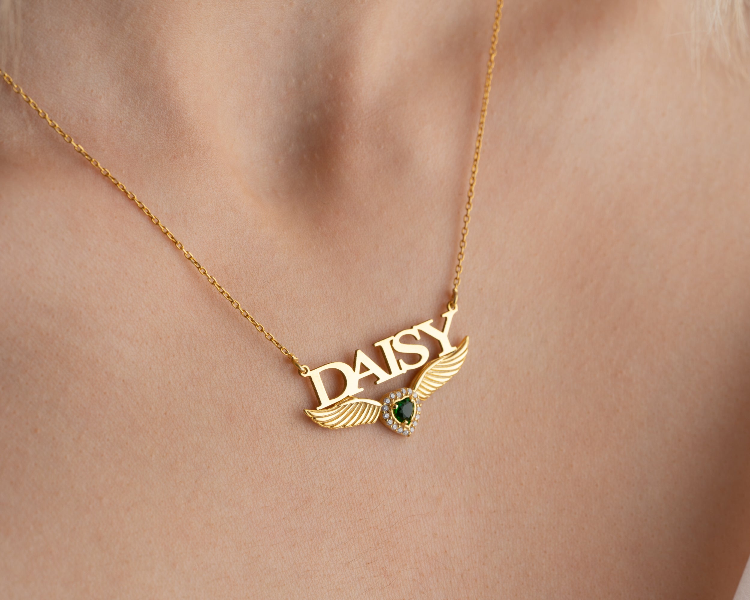 Angel Wing Name Necklace with Birthstone