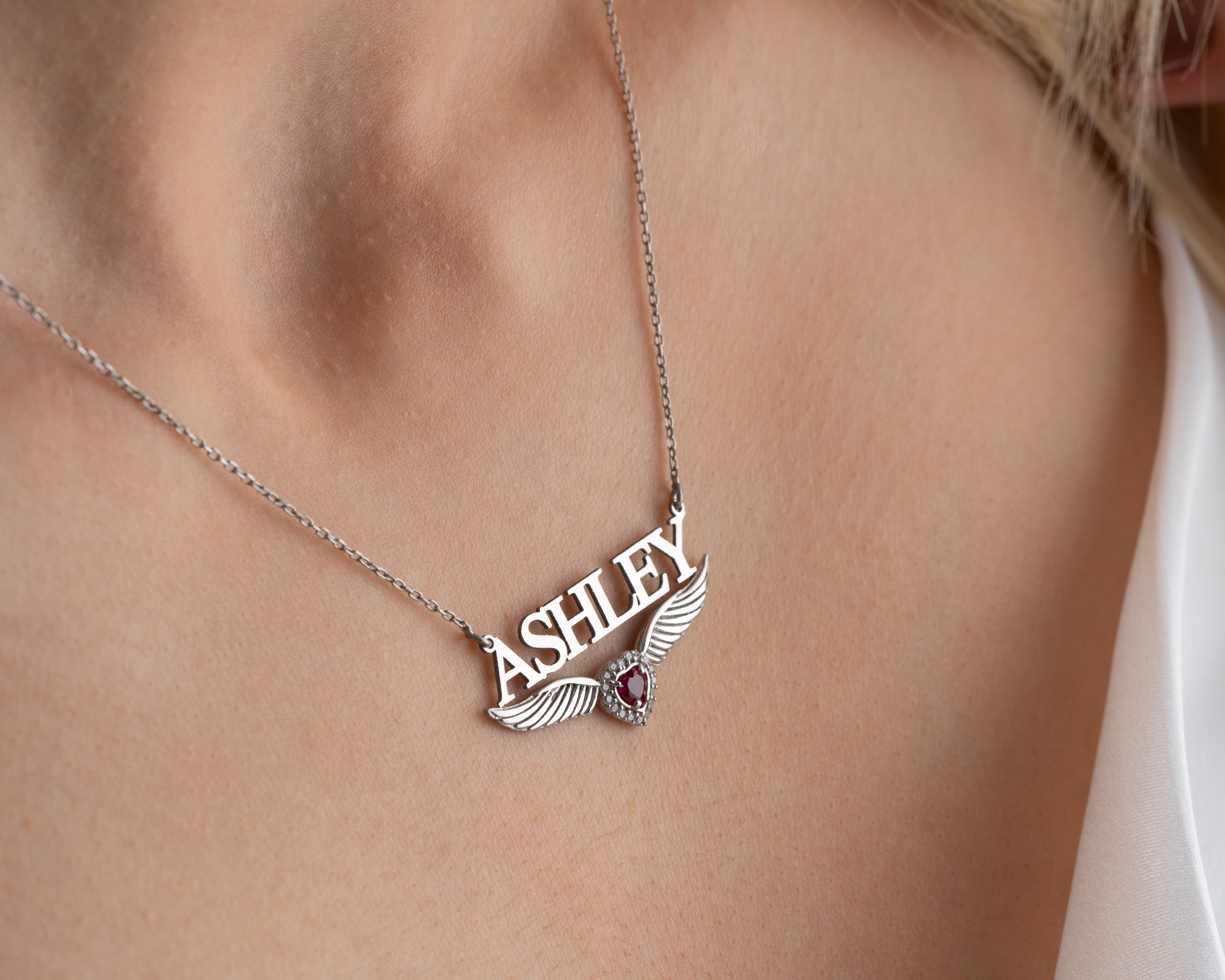 Angel Wing Name Necklace with Birthstone