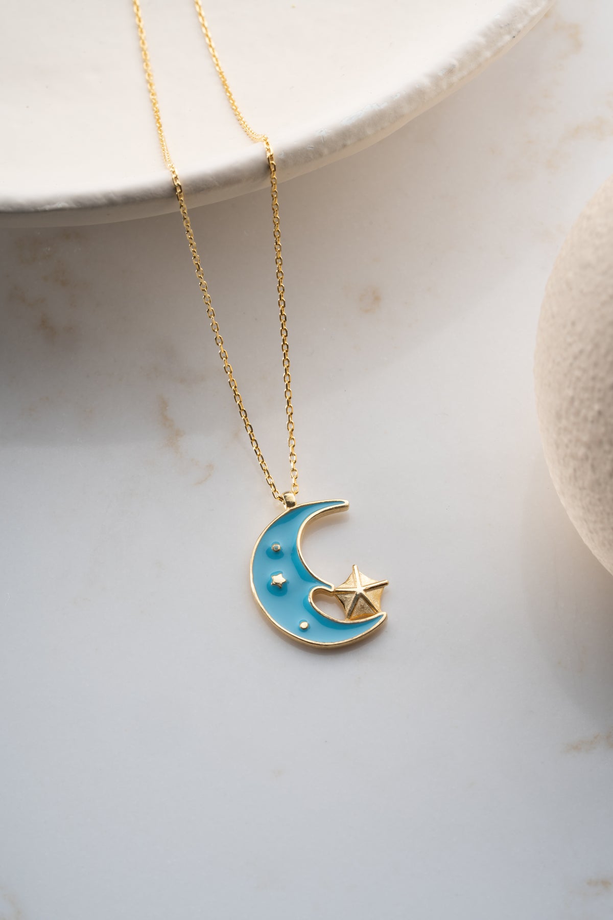 Blue Enamel Crescent Moon Necklace