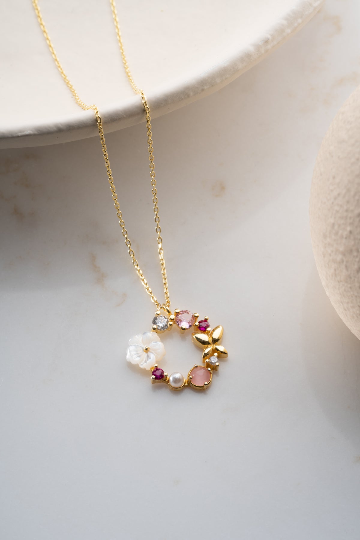 Flower Butterfly Gemstone Wreath Necklace