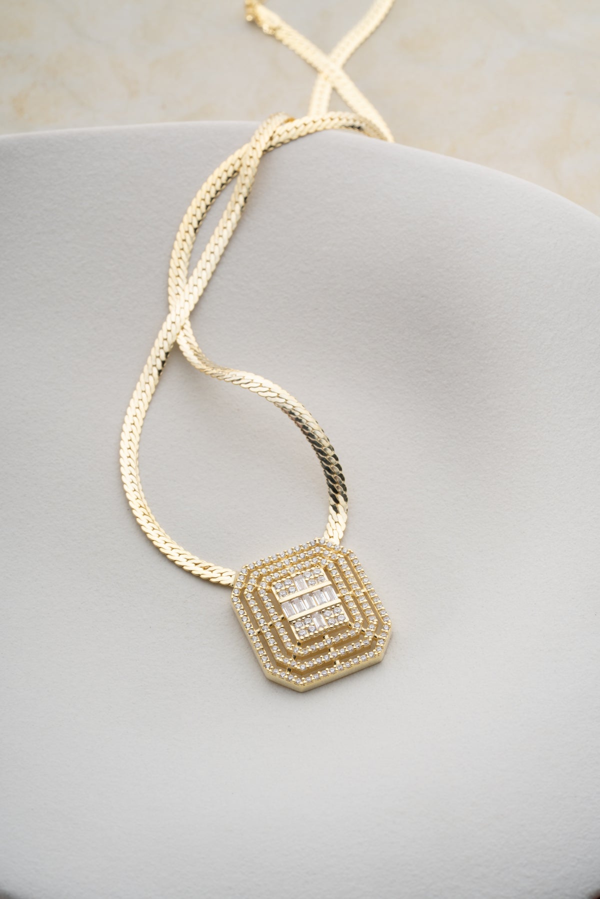 Art Deco Baguette Pendant Snake Chain Necklace