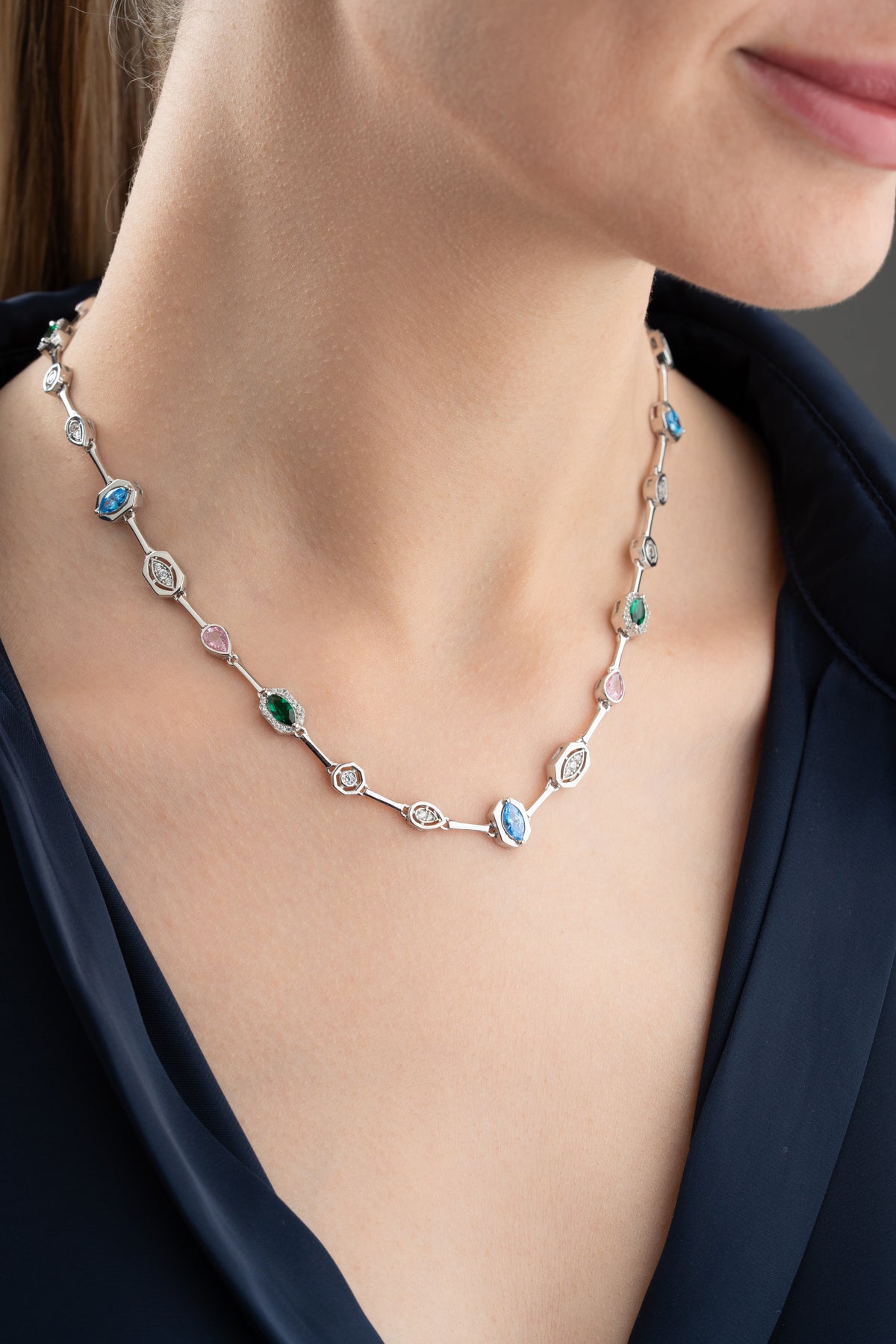 Multi-Gem Station Necklace in Gold