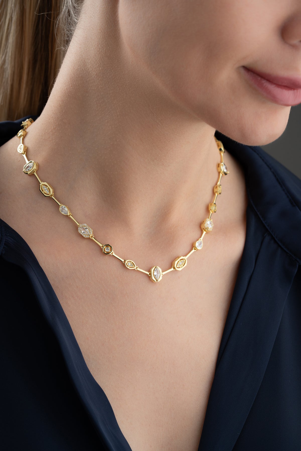 Gold Bezel Crystal Station Necklace