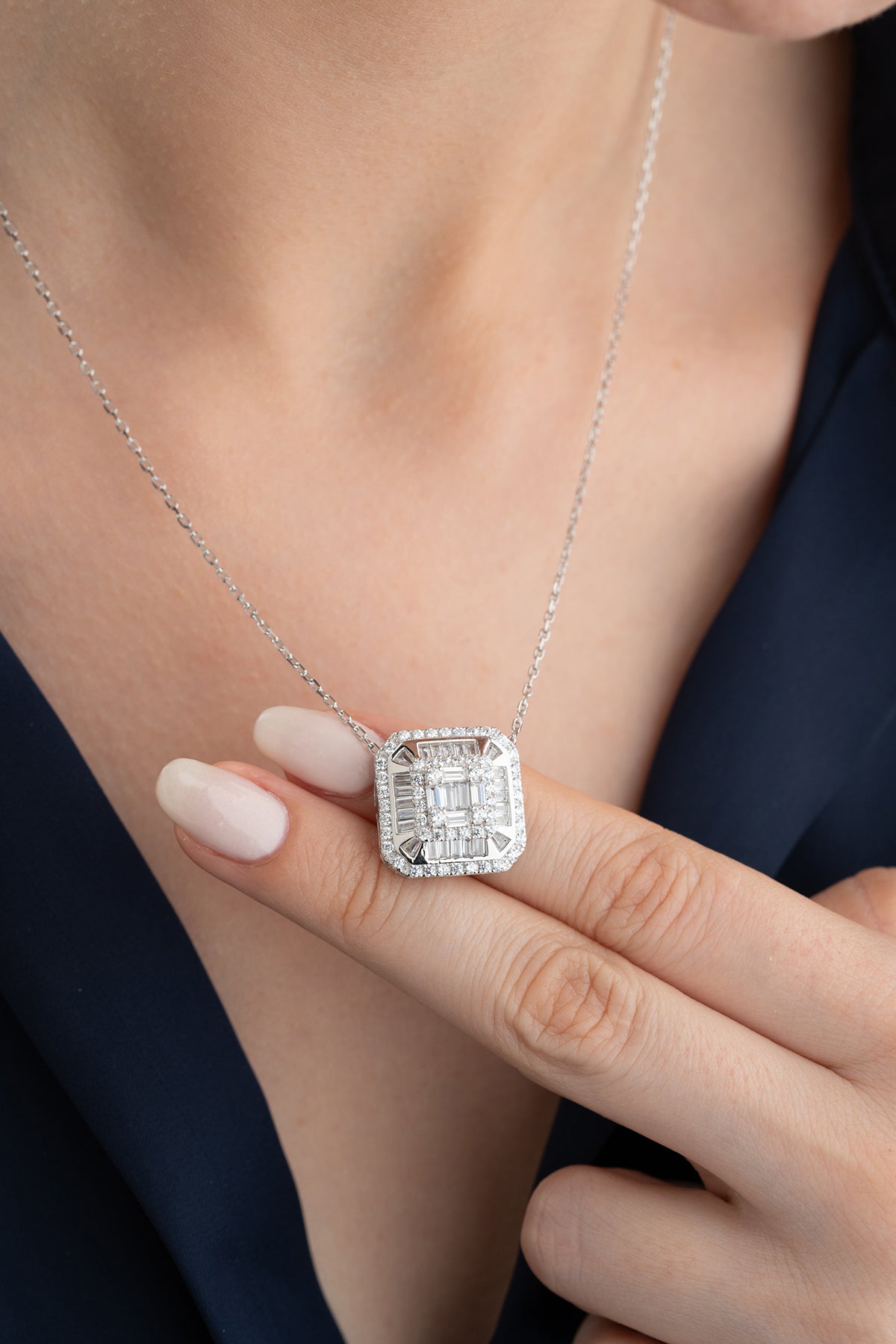 Silver Baguette Cluster Pendant Necklace