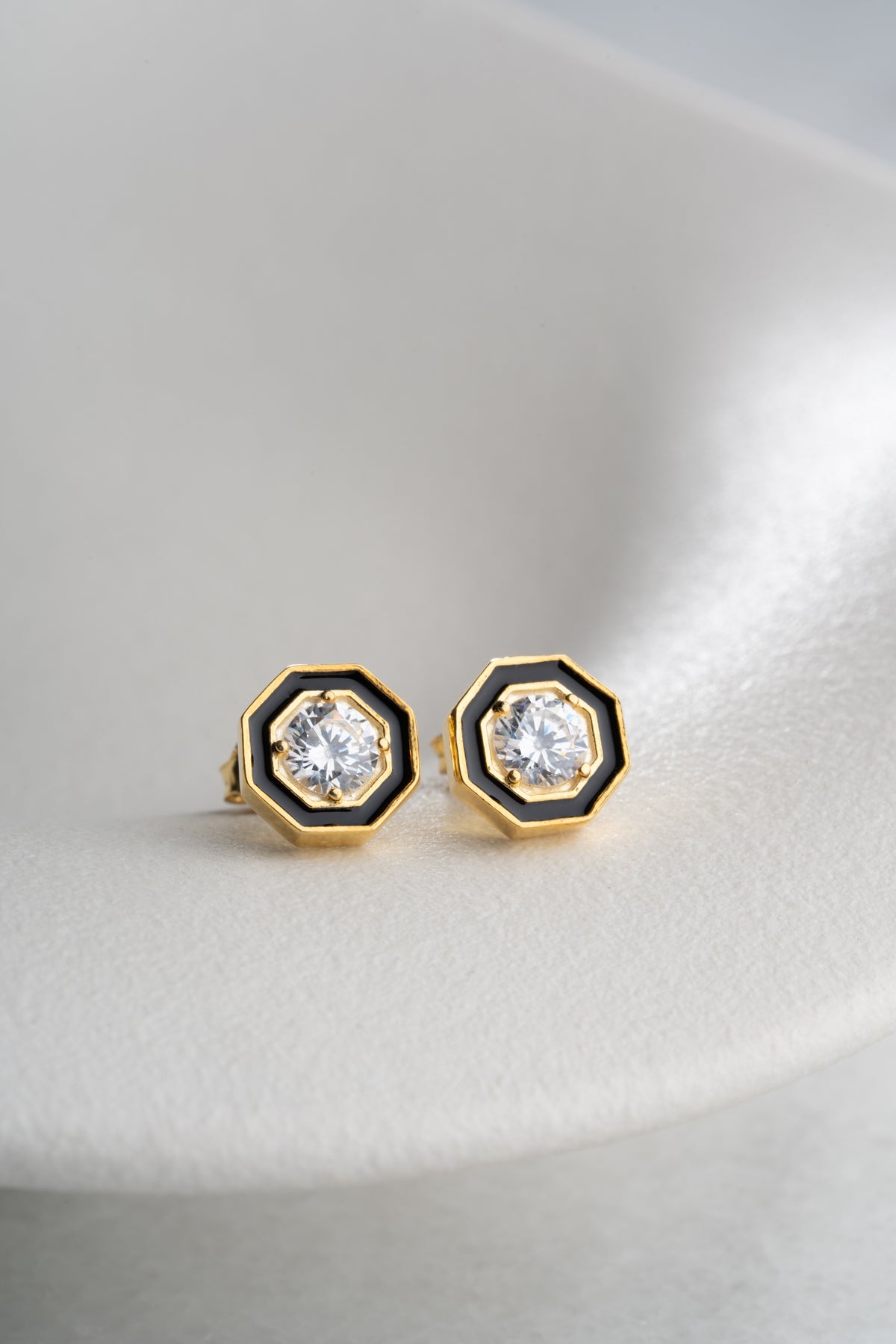 Black Enamel Octagon Stud Earrings in Gold