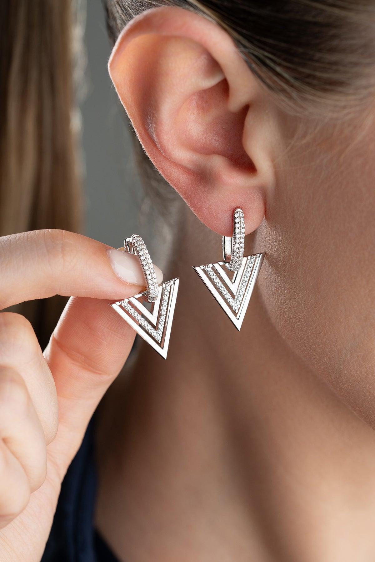 Pave Triangle Drop Earrings in Silver